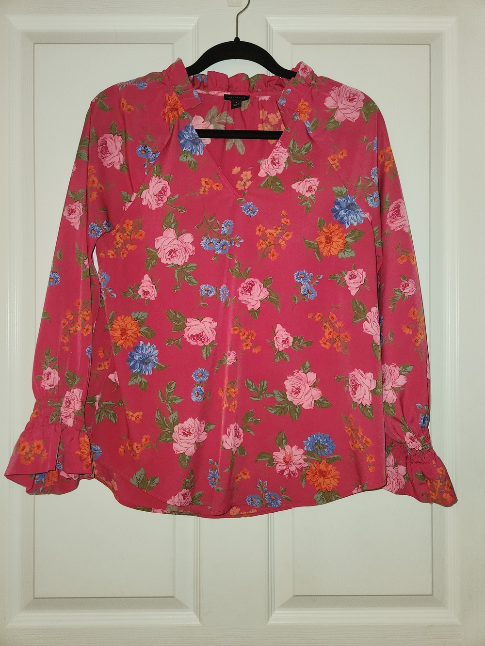 Ann Taylor Pink Floral Ruffle V-Neck Blouse